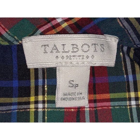 Talbots Shirt Womens Sz SP Petite By Navy Blue Red Tartan Plaid Button Up Cotton - Picture 5 of 10